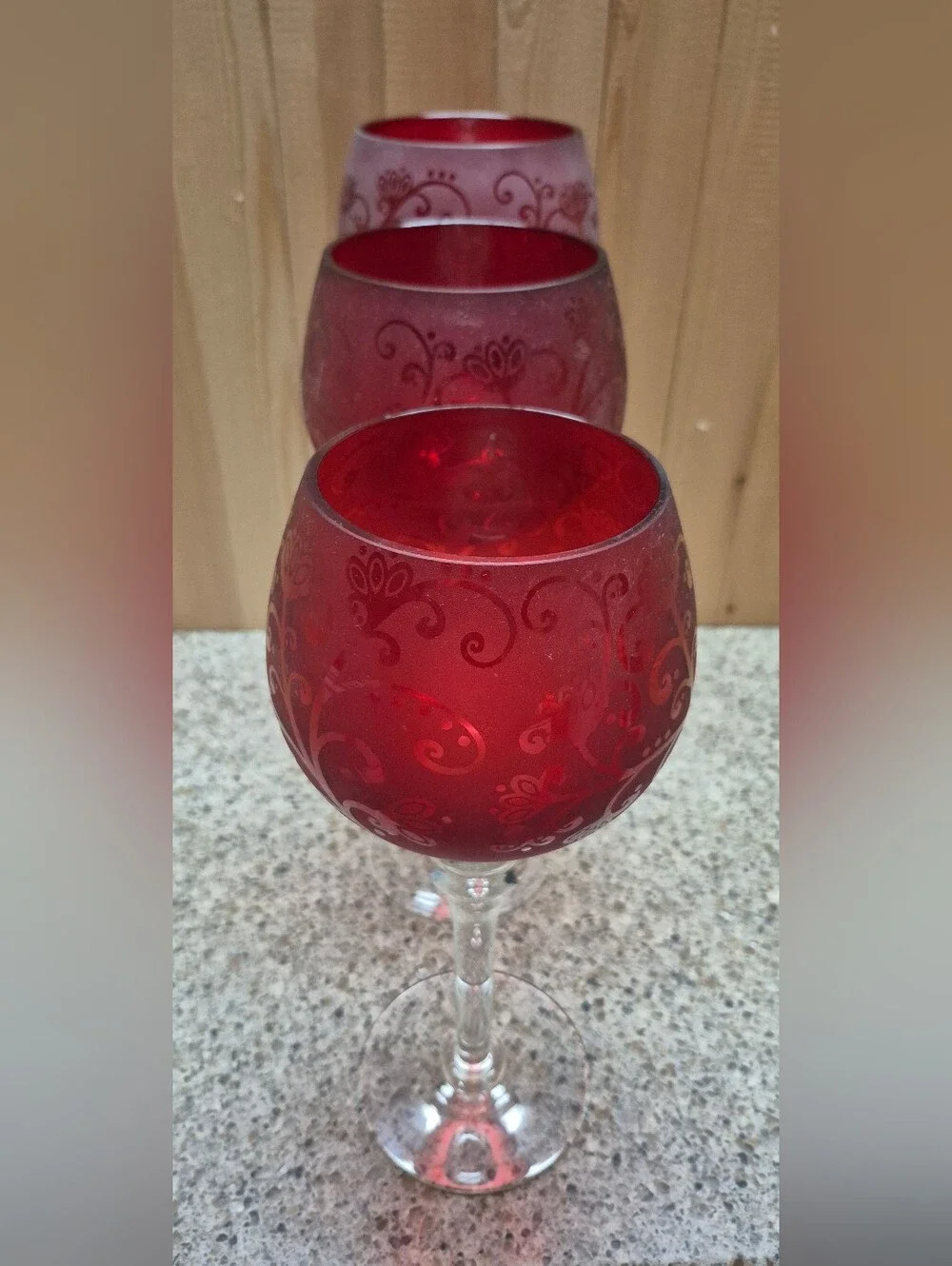 Red Frosted Glass Candle Holder Set of 3 Etched Floral Scroll Clear Stem Chalice